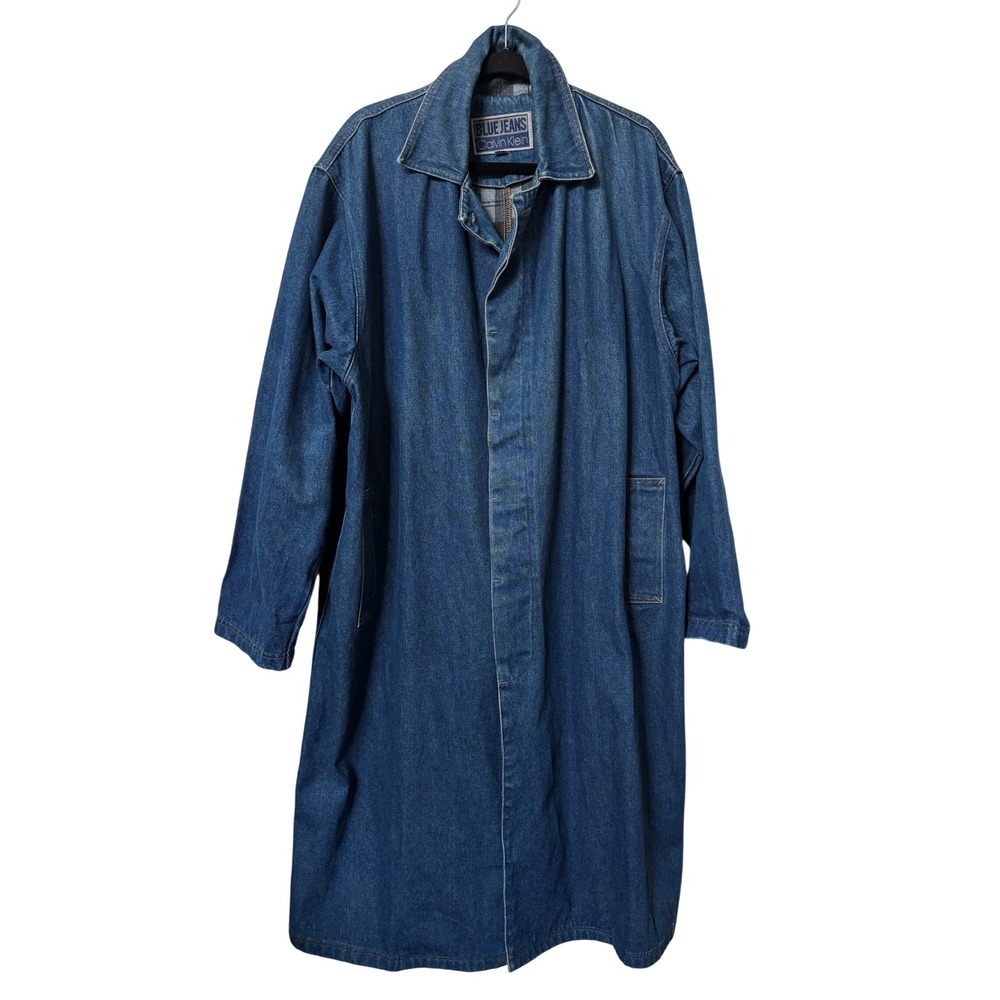 Vintage Calvin Klein Blue Jeans Denim Trench Coat Plaid Lined Duster Blue Mens S
